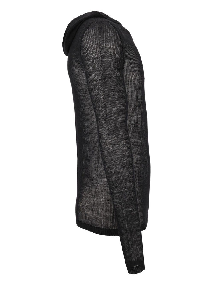 Rick Owens Sheer Hooded Long Sleeve Ribbed Lightweight Cashmere Knit Knitwear - Black | 3c6d0ee8c0c475b4ba7faa53290d5783ac0d7d73