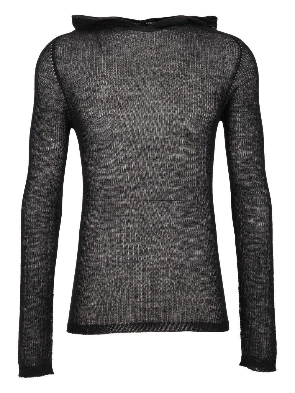 Rick Owens Sheer Hooded Long Sleeve Ribbed Lightweight Cashmere Knit Knitwear - Black | 30280aab02daa763d66f950a7ef41dd62a61ab4e
