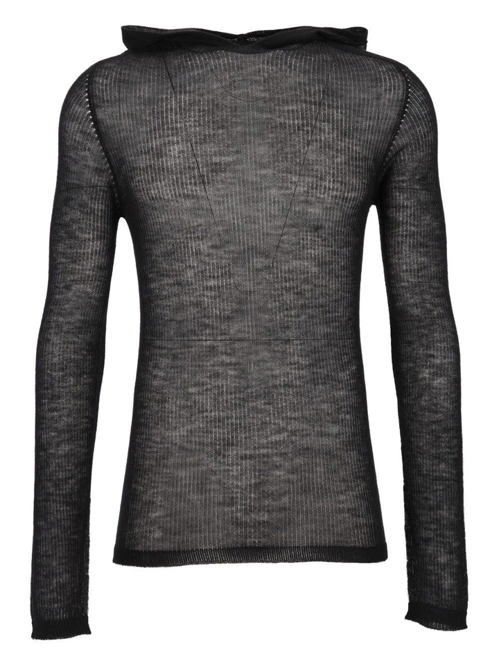 Rick Owens Sheer Hooded Long Sleeve Ribbed Lightweight Cashmere Knit Knitwear - Black | 30280aab02daa763d66f950a7ef41dd62a61ab4e