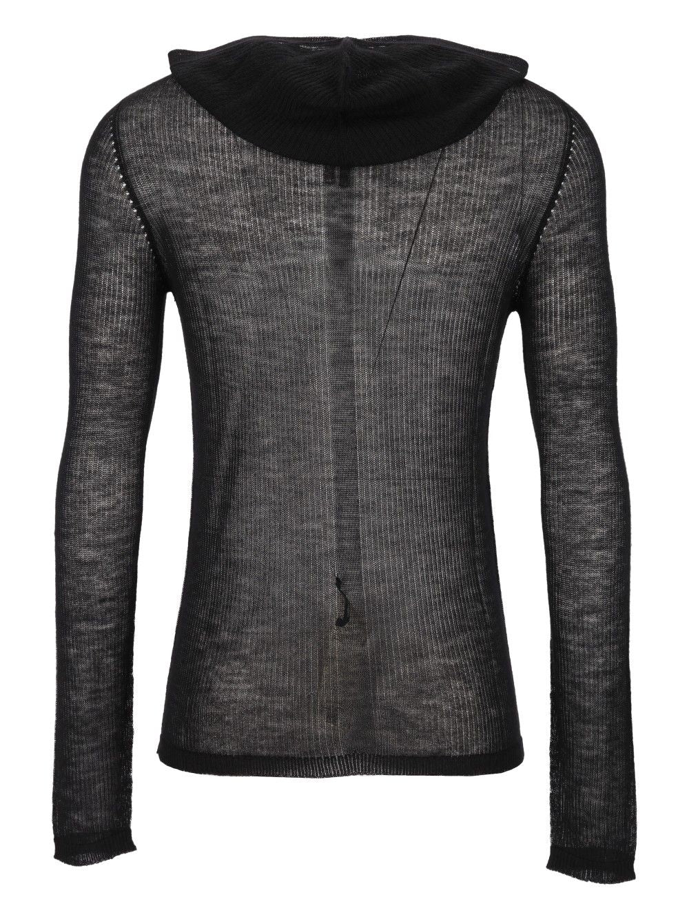 Rick Owens Sheer Hooded Long Sleeve Ribbed Lightweight Cashmere Knit Knitwear - Black | 7b7e86e122c24a4d052a9f6fdb4d63de89beb5f9