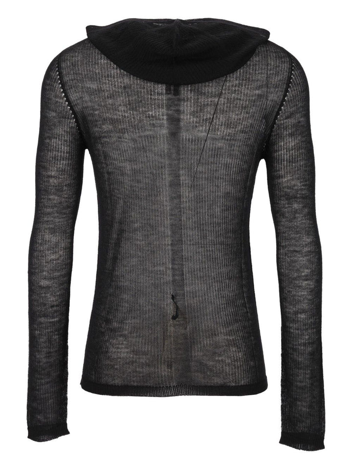 Rick Owens Sheer Hooded Long Sleeve Ribbed Lightweight Cashmere Knit Knitwear - Black | 7b7e86e122c24a4d052a9f6fdb4d63de89beb5f9