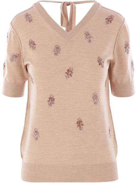 Floral Motif Embroidered Wool Cropped Jumper