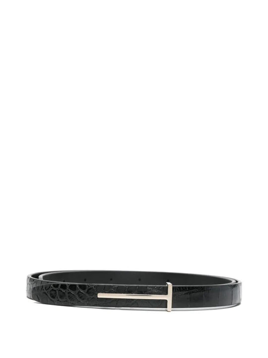 Shiny Stamped Crocodile Leather Slim T Belt
