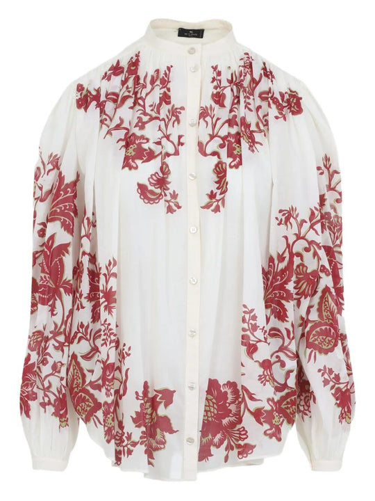 Flower-Print Pleated Cotton Blouse