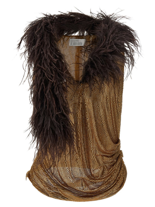 Mesh And Feather Top Tops Gold