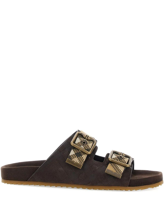 Suede Flat Sandals With Checked Straps