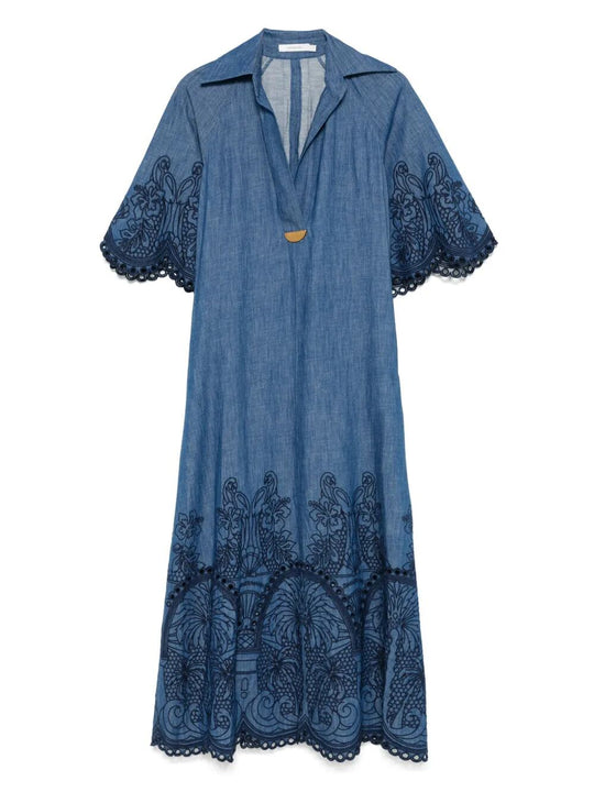 Coco Embroidered Denim Long Dress