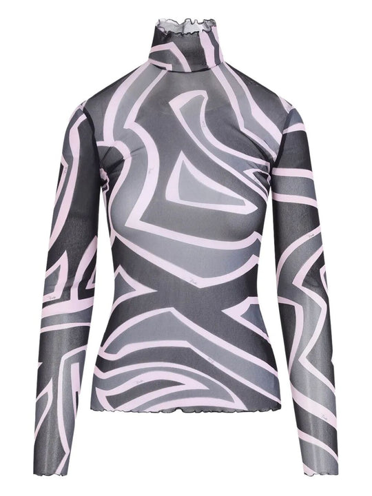 Semi Sheer Printed Long-Sleeved High-Neck Top