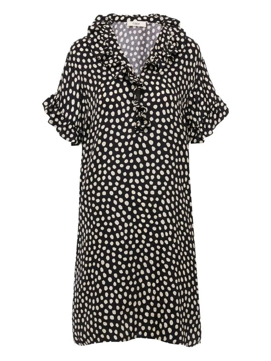 Short-Sleeved Dots-Print Silk Jacquard Mini Dress
