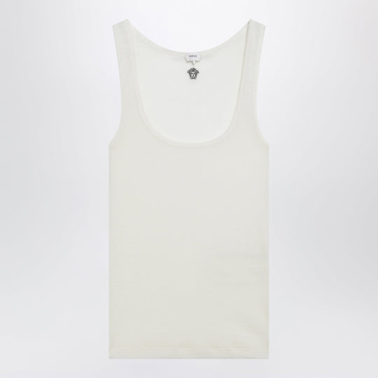 Cream Wool Tank Top With Logo Embroidery