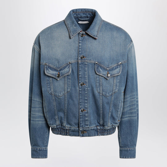 Blue Cotton Denim Jacket With Red Leather Details