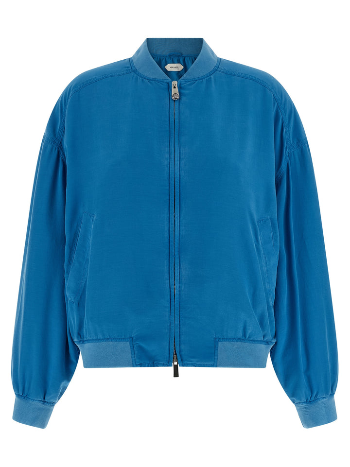 Versace Silk Poplin Blouson Puffer Jackets - Light Blue | e08d1efc1c9ec51d7b441c2a4e7a2363ed0fdf37