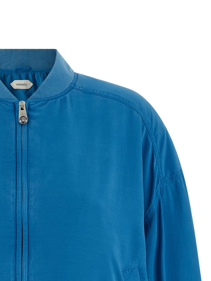 Versace Silk Poplin Blouson Puffer Jackets - Light Blue | 9d579accdb1d19475eec44d78bf60287a598a49c