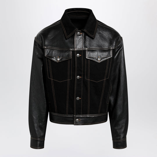 Black Denim And Leather Bomber Jacket