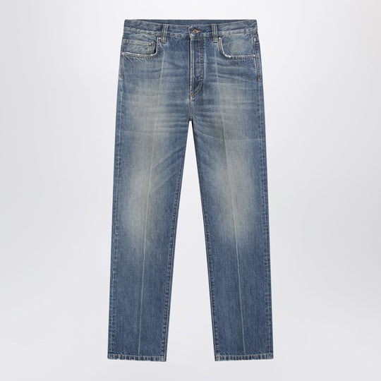 Distressed Straight-Leg Jeans In Blue Denim