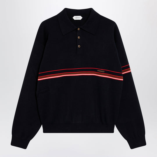 Navy Blue Cotton Knit Polo Shirt With Embroidered Logo