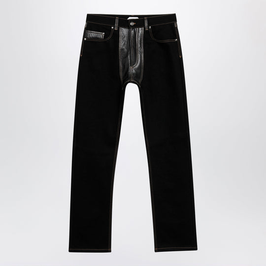 Straight-Leg Denim And Leather Jeans In Black