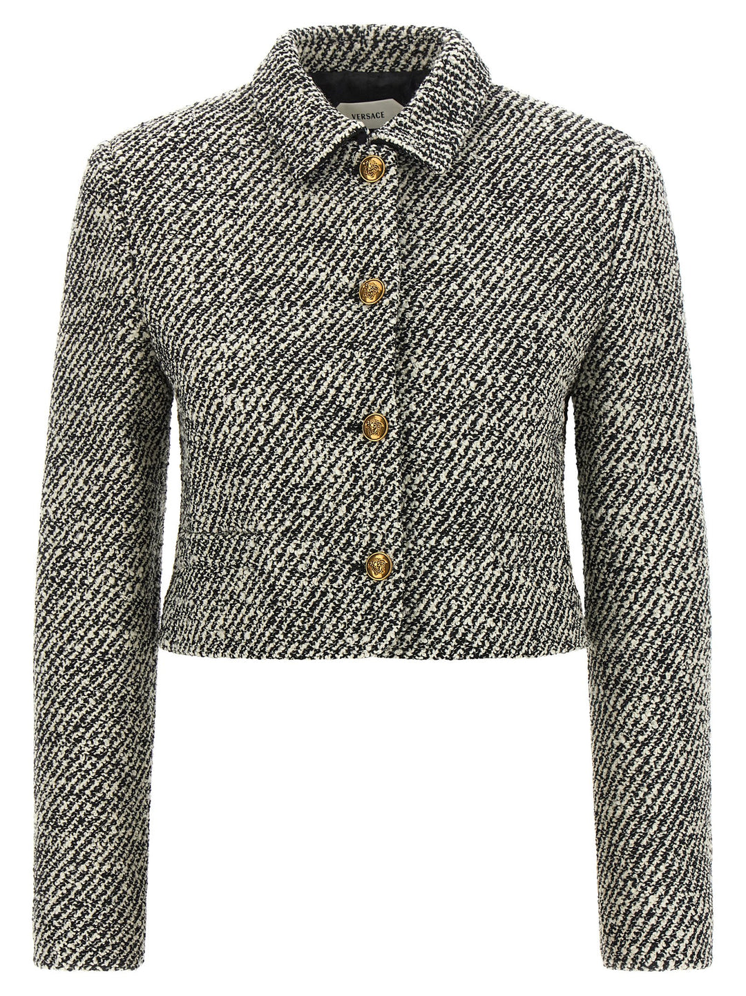 Versace Bouclé Wool Blend Blouson Jacket BlazerS - White/Black | 57982a7b15a234ef2a3a72b1c7d8db122eb1efb7
