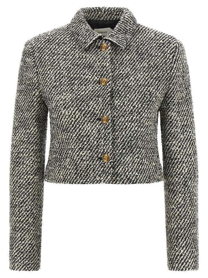 Versace Bouclé Wool Blend Blouson Jacket BlazerS - White/Black | 57982a7b15a234ef2a3a72b1c7d8db122eb1efb7