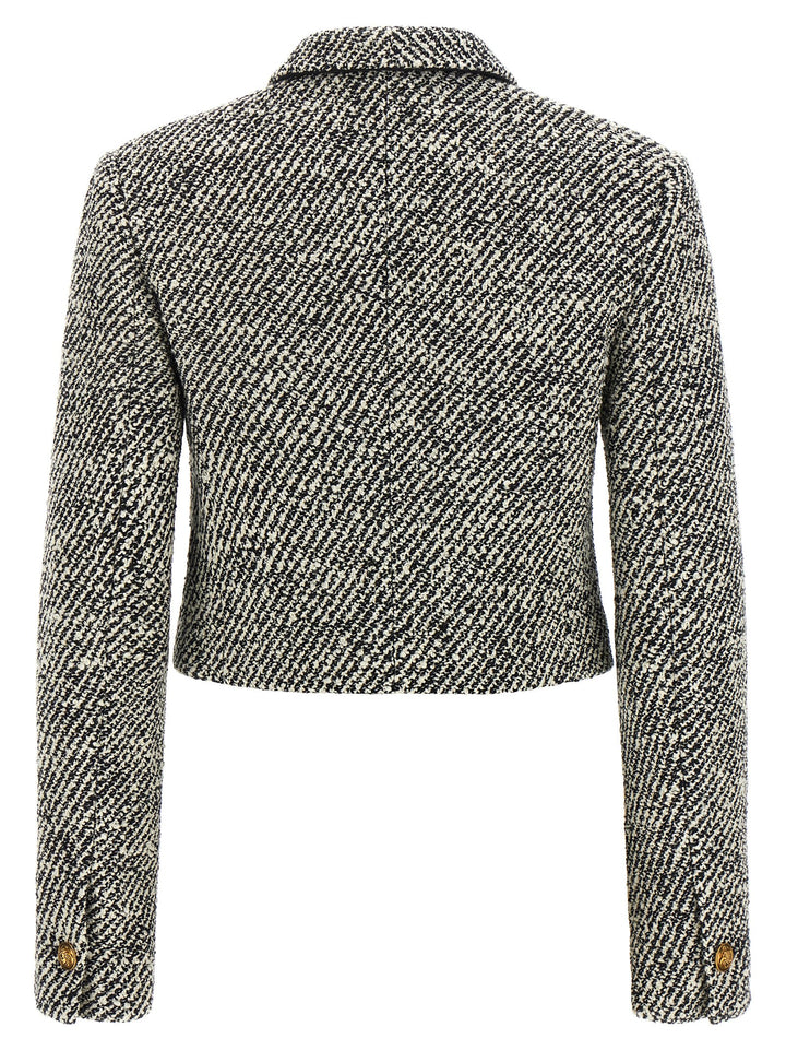 Versace Bouclé Wool Blend Blouson Jacket BlazerS - White/Black | ca60d03ef5406972c28cf248d16f5b6441d24978