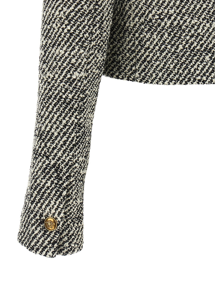 Versace Bouclé Wool Blend Blouson Jacket BlazerS - White/Black | a038a2e540104099632942bac550de9796d19fab