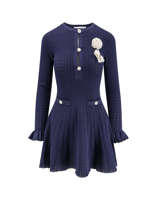 Perforated Knit Short Dress With Removable Lace Brooch