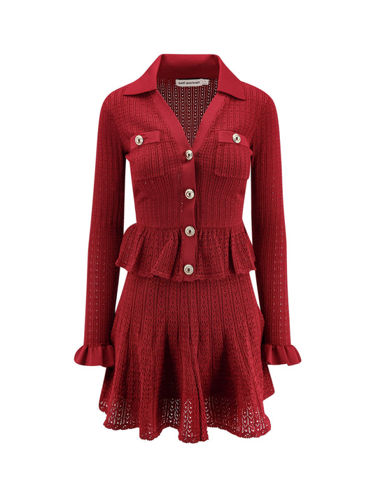 Perforated Knit Short Dress With Jewel Buttons