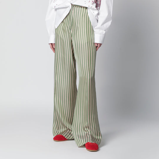 Wide-Leg Green Striped Trousers