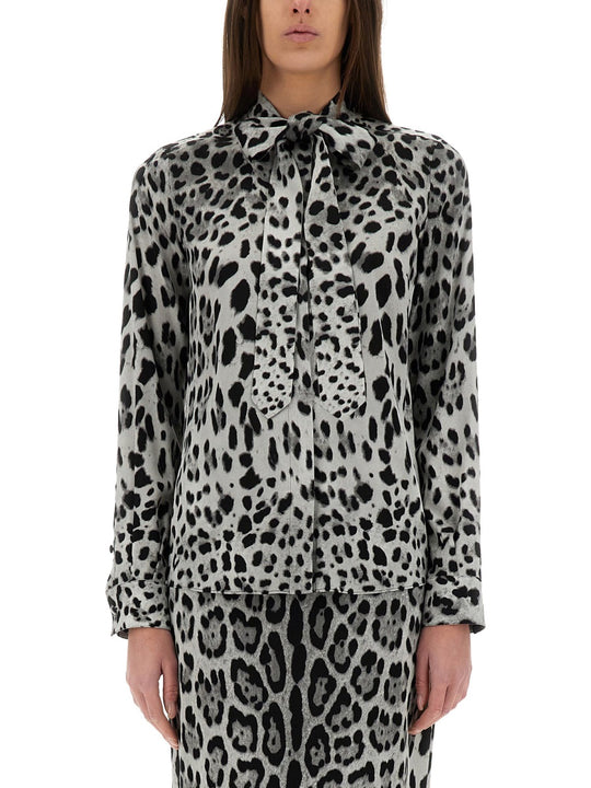 Leopard Print Bow Charmeuse Shirt