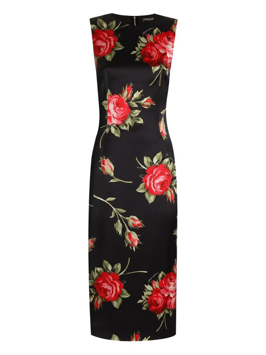 Rose Bouquet-Print Satin Sheath Dress