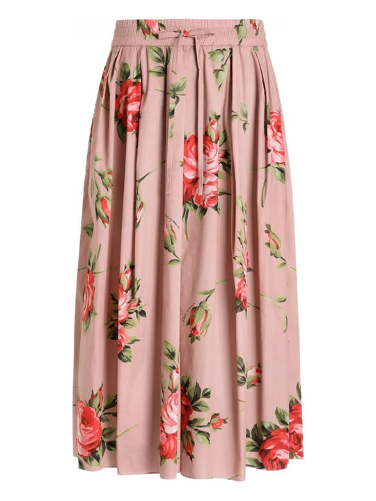 Rose Bouquet-Print Cotton Pleated Skirt