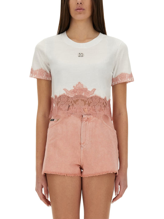 Cropped Jersey T-Shirt With Lace Inserts