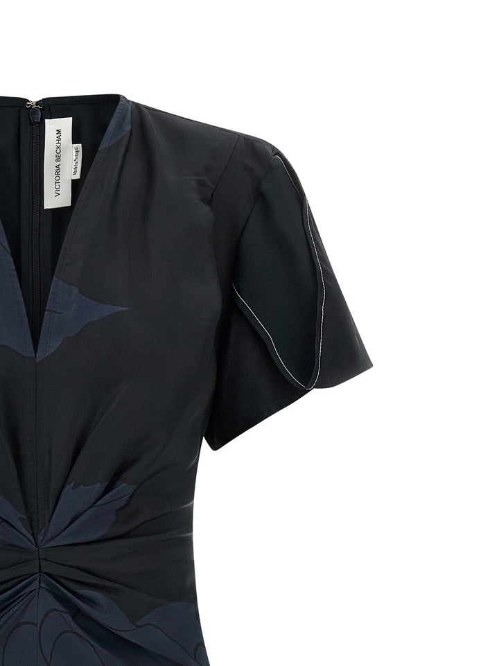 Victoria Beckham Gathered V-Neck Dresses - Blue | 58089ab37c6a34fd7a70a1eb6cf3a2ff03d71ece