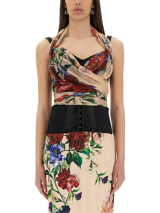 Flower Print Marquisette And Chiffon Bustier Top