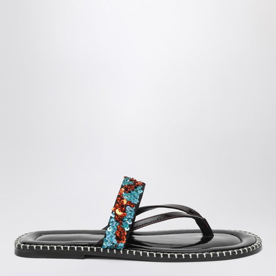 Black Thong Slip-On Sandals With Sequins