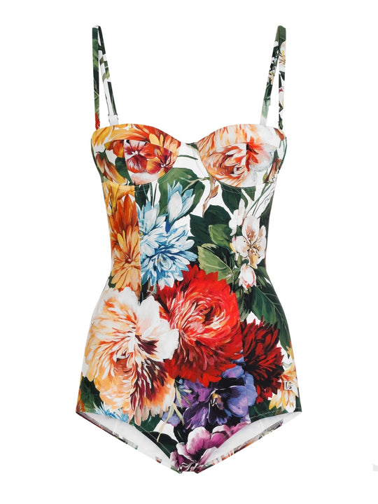 Flower Print Padded Balconette One Piece Swimsuit