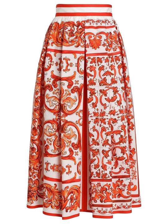 Majolica-Print Poplin Pleated Skirt