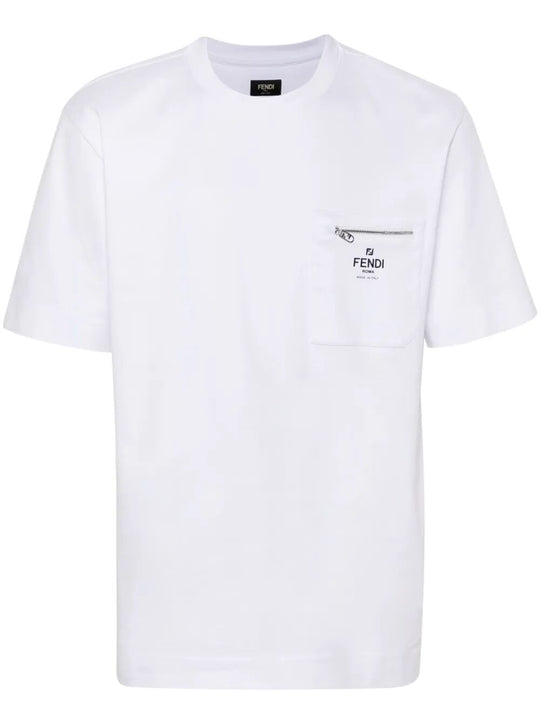 Cotton T-Shirt With A Zipped Breast Pocket And Contrasting Printed Fendi Roma Logo