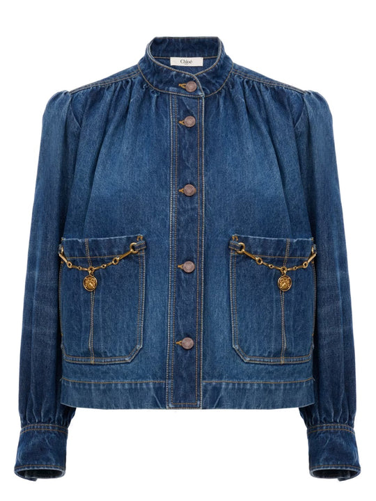 Denim High Neck Gathered Jacket