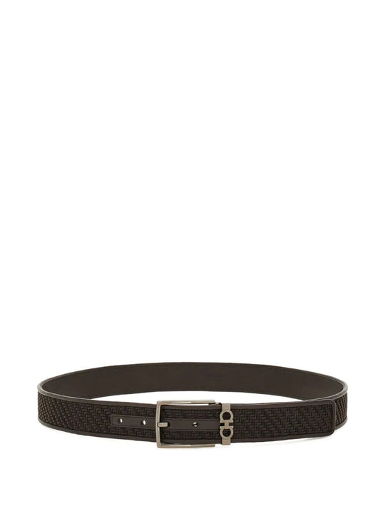 Basketweave Effect Leather Belt With Square Buckle