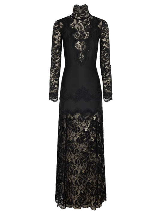 Abito Lungo In Pizzo E Jersey