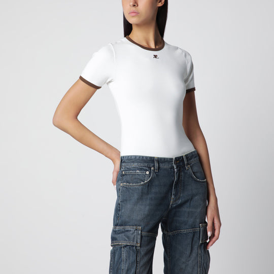 White/Brown Cotton T-Shirt With Contrast Crew Neck
