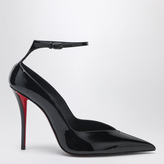 Black Patent Leather Erozee Pumps With Ankle Strap