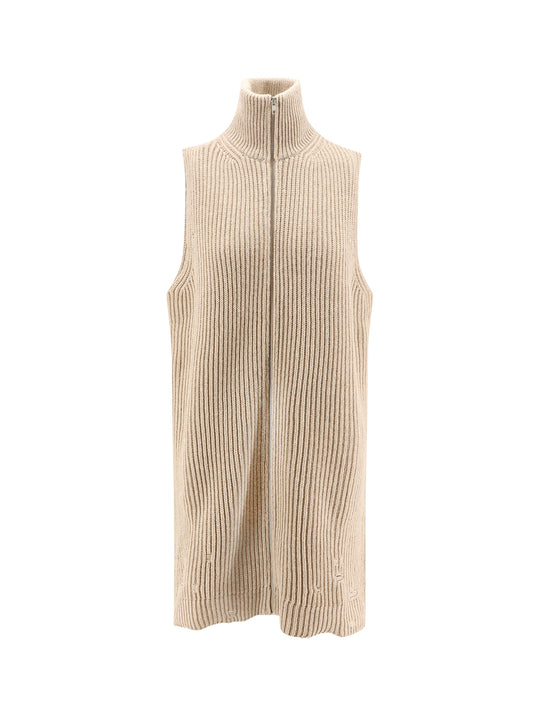 Sleeveless Long Wool Blend Cardigan With Distressed Effect