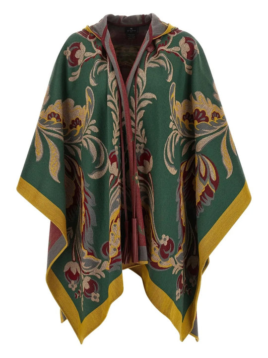 Paisley-Motif Long Hooded Wool Cape