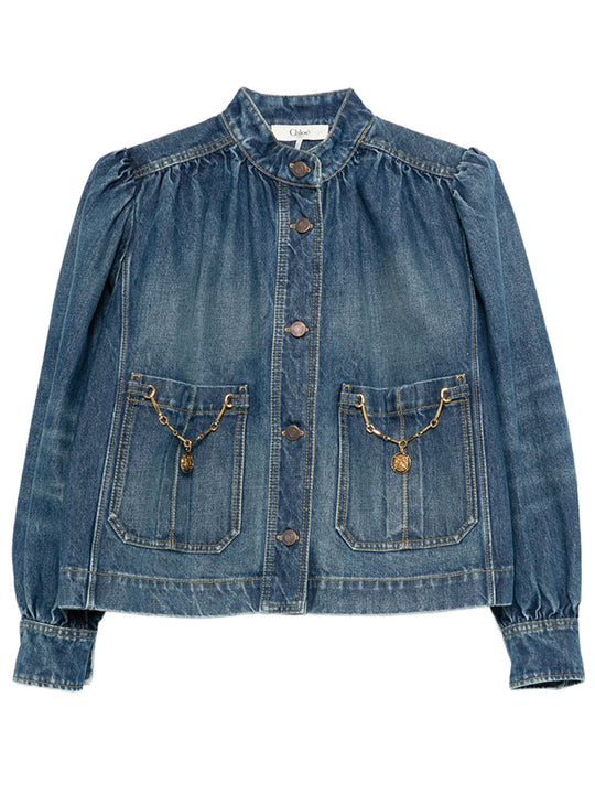 High-Neck Gathered Denim Jacket