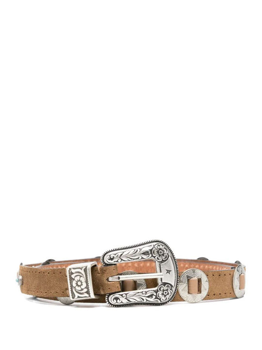 Lace Nabuk Thin Belt With Decorative Inlays