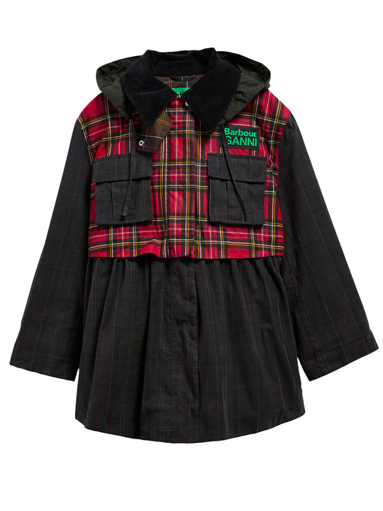 Barbour X Ganni: Waxed Jacket With Peplus And Tartan Details