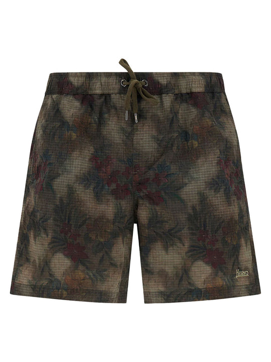 Tropical Pattern Ripstop Nylon Swim Shorts