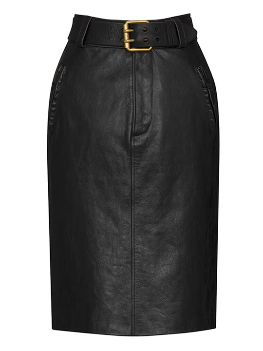Belted Pencil Skirt In Creased Leather